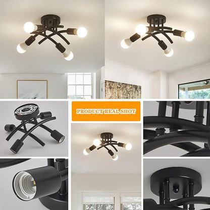 BUXVRCS Semi Flush Mount Ceiling Light Fixture, Modern Sputnik Chandelier Light Fixtures, Industrial Kitchen Light Fixtures Ceiling Mount, 4-Light Dining Room Light Fixture for Bedroom Hallway (Black)