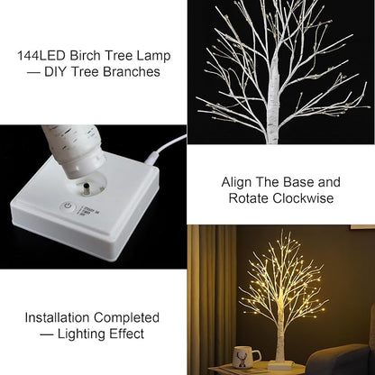 2 Pack 144 LED Artificial Tree Lamp with Timer, DIY Birch Tree with LED Lights, Lighted up Tree Lamp USB/Battery Powered, Fairy Light Spirit Tree for Table Home Bedroom Christmas (Warm White)