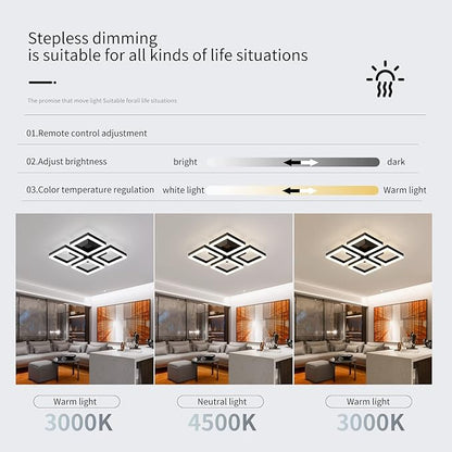 GEADI Led Ceiling Light, Modern 4-Square Ceiling Lamp 52W Dimmable Flush Mount Ceiling Chandelier for Living Dining Room Bedroom Kitchen, Black