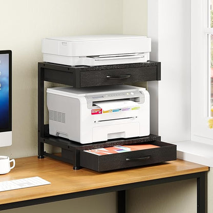 2-Tier Desktop Printer Stand with 2 Fabric Drawers, Prtiner Table with Storage Shelf, Desk Organizer for Home Office,3D Printer,Fax Machine,Scanner (Black, 2 Tier)