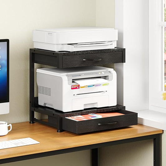 2-Tier Desktop Printer Stand with 2 Fabric Drawers, Prtiner Table with Storage Shelf, Desk Organizer for Home Office,3D Printer,Fax Machine,Scanner (Black, 2 Tier)