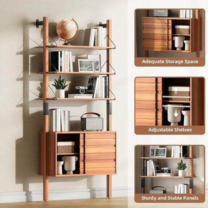 Ladder Bookshelf with Storage Cabinet, Mid Century Modern Bookcase, Wall Mounted Bookshelf with Wood and Metal Frame, 6 Tier Open Display Rack for Living Room, Bedroom, Home Office, Cherry