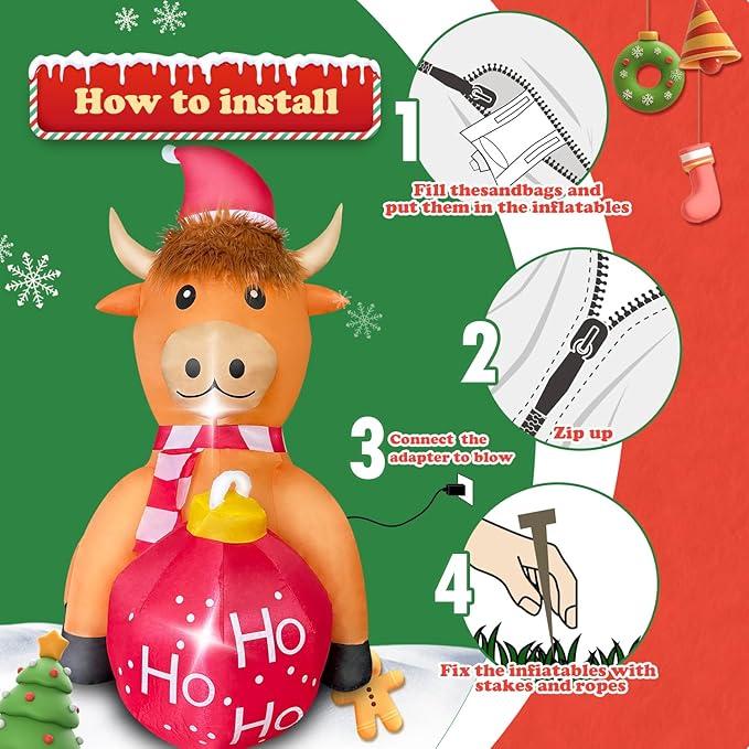 Christmas Inflatable Cow Outdoor Decoration with Christmas Ball, 4FT Blow Up Yard Decoration with Built-in LEDs for Garden Lawn Indoor Party Holiday Decor