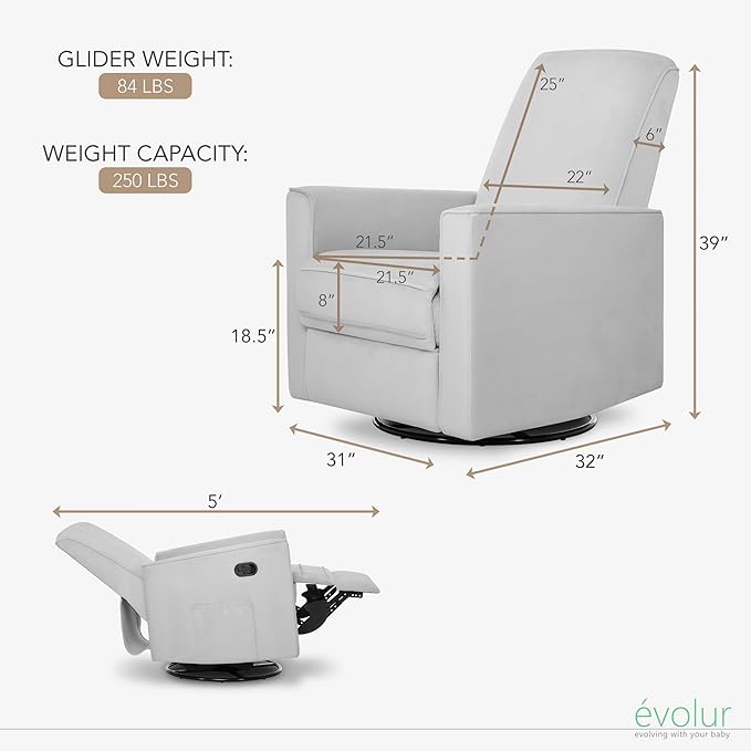 Evolur Raleigh Upholstered Plush Seating Glider Swivel, Recliner, Glider For Nursery In Misty Grey, Greenguard Gold Certified, Modern Nursery Recliner, Environmentally Conscious Glider