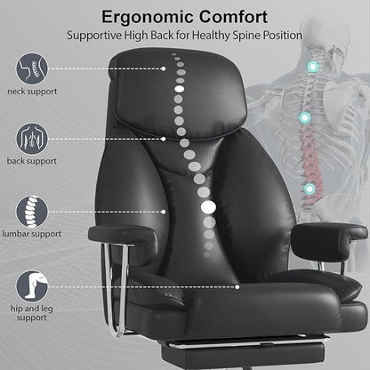 Big and Tall Office Chair, Ergonomic Leather High Back Executive Computer Desk Chair with Retractable Footrest and Padded Arms, 360°Swivel Free, 90-135°Reclining, 500lbs Wide Seat, Black
