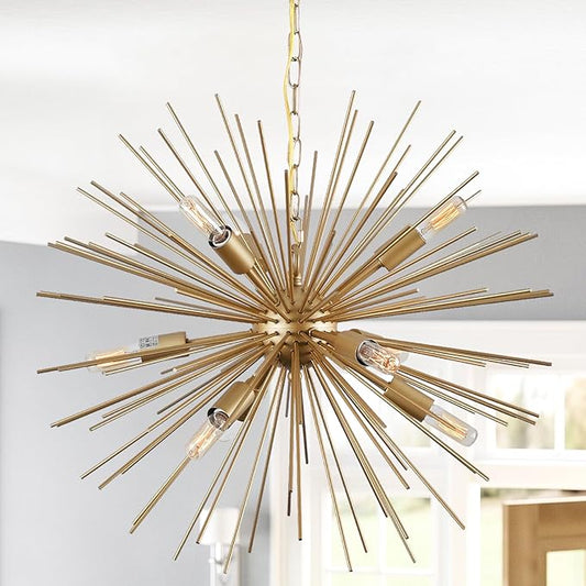 23.8" Modern Golden Sputnik Chandelier 9-Lights Starburst Chandelier Light Fixture Luxury Gold Solid Metal Sputnik Chandeliers for Dining Room, Kitchen, Bedroom, Living Room, Foyer, E12