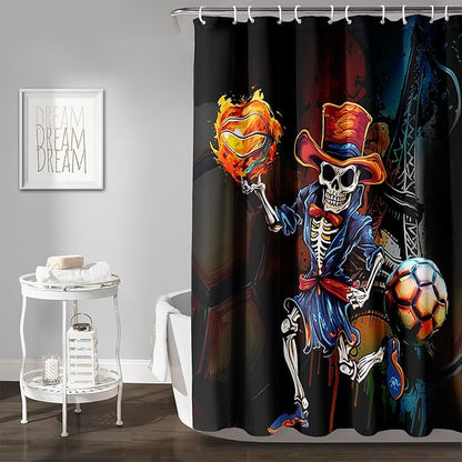 AILONEN Sugar Skull Shower Curtain,Funny Skull Skeleton Design Shower Curtain Set with Hooks for Boys Girls Teens,Skeletons Playing Balls Waterproof Fabric Shower Curtain for Bathroom,36" W*72" H