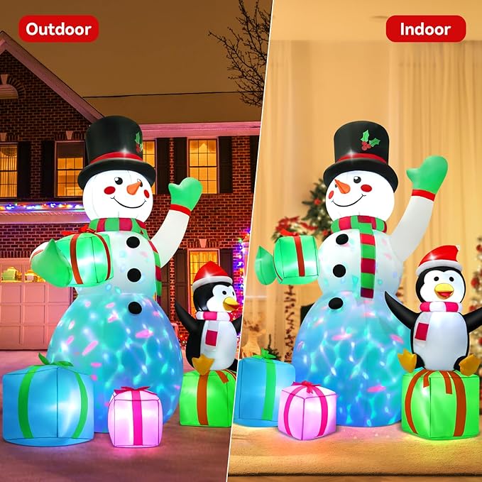 7 FT Christmas Inflatable Snowman Outdoor Decoration with Build-in Multicolor LEDs, Snowman with 4 Gifts Blow Up Inflatables Christmas for Yard Garden Lawn Xmas Holiday Decor