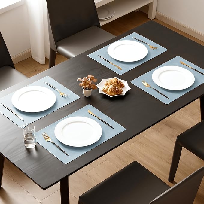MOSAYT Vinyl Placemats Set of 4-12 X 17 Inch - Faux Leather 100% Waterproof Oil-Proof Wipeable PU Place Mats, Heat Resistant Reversible Table Mats for Kitchen, Dining, Outdoor (Sky Blue)