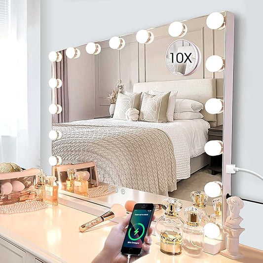 Kottova Large Vanity Mirror with Lights,24.4"x 21.2",Hollywood Vanity Makeup Mirror with 3 Color Lights, 17 LED, USB Charging Port,Detachable 10X Spot Mirror,Touch Control,White