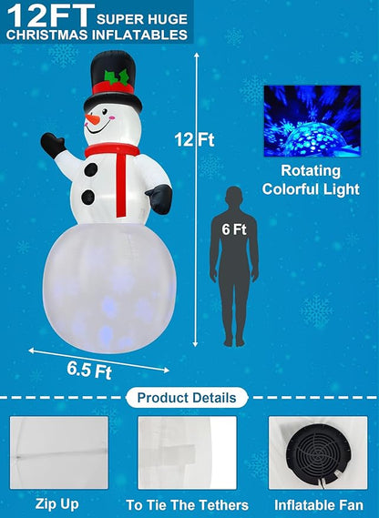 Rotating Snowflake Lights 12 Ft Giant Christmas Inflatables Snowman with Built-in LED Lights Christmas Decorations Outdoor Xmas Blow Up Snowman for Yard Garden Holiday Party Decor