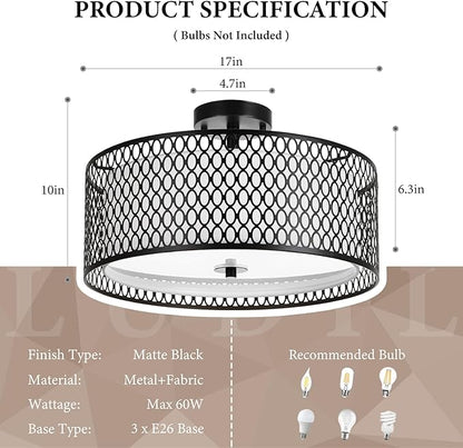 17" Semi Flush Mount Ceiling Light Fixture, Modern 3-Light E26 Double Drum Ceiling Lighting with Matte Black Iron Mesh Cage for Living Room Bedroom Hallway Entryway, Black