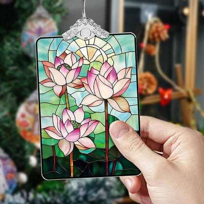 Lotus Flower Stained Glass Ornament, 205 Christmas Tree Hanging Decoration for Zen-Inspired Holiday Decor or Gift Exchange, 3.8 x 2.4 Inch
