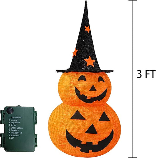 NEROSUN Halloween Decorations, 3 FT Pop Up Collapsible Pumpkin, Pre-Lit 50 LED Lighted Pupmkin Man with Star Hat, Jack o' Lantern with Metal Stand for Outdoor Indoor Garden Yard Home Party Decor