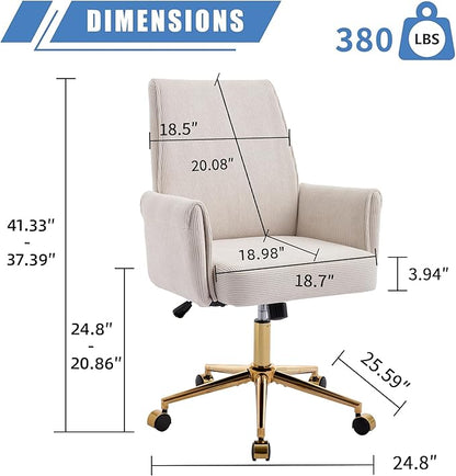 Striped Velvet Office Chair, 360° Swivel Ergonomic Task Chair with High Back, Gold Base and Wheels, Height Adjustable Modern Accent Chair for Home Office, Living Room, Study, Vanity Room (Cream)