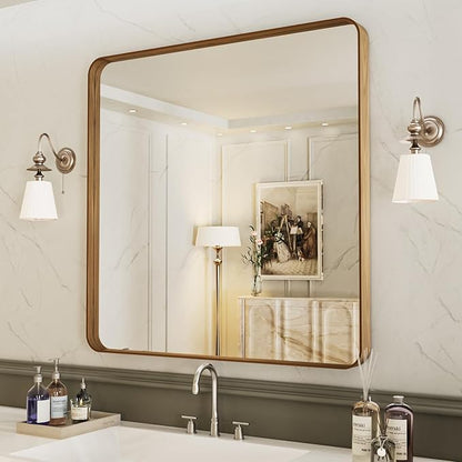 LOAAO 38X38 Inch Bathroom Mirror with Wood Grain Colored Metal Frame, Rounded Rectangle Metal Framed Bathroom Mirror, Anti-Rust, Hangs Horizontally or Vertically, Tempered Glass