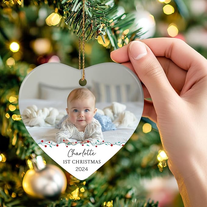 Baby's First Christmas Ornament 2025, Personalized Photo Christmas Ornaments, Custom Name Keepsake Ornament for Newborn Baby, New Baby Gift, Ceramic Christmas Tree Ornament