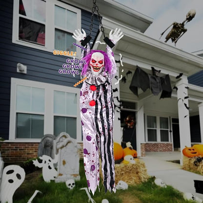 Halloween Decorations Outdoor and Indoor,Scary Halloween Animatronics Clown,Hanging Clown with Light-Up Eyes and Creepy Sound,Party Decorations for Yard Lawn,Haunted House Decor
