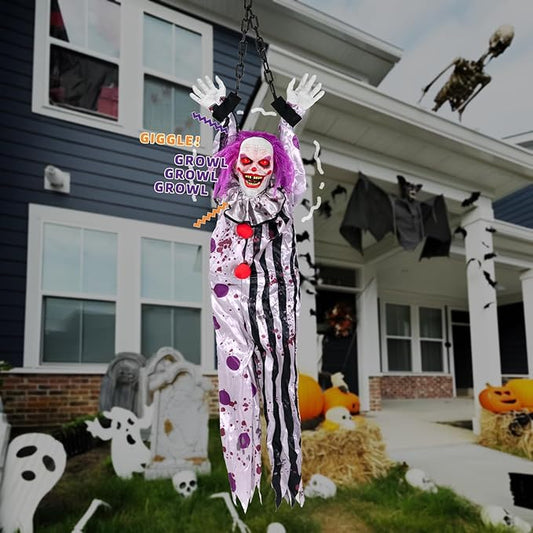Halloween Decorations Outdoor and Indoor,Scary Halloween Animatronics Clown,Hanging Clown with Light-Up Eyes and Creepy Sound,Party Decorations for Yard Lawn,Haunted House Decor