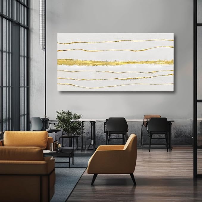 White Textured Wall Art Abstract Line Prints Living Room Wall Decorations Gold Foil Painting Large Framed Wall Decor for Bedroom Hotel 29x58 Inch