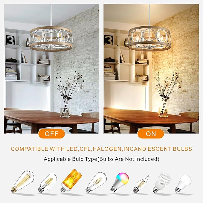 Semi Flush Mount Ceiling Light Fixture,Rustic Vintage 5-Light Chandelier Lighting19.7 (Silver),Wood Grain with Round Metal Shade for Dining Room Hallway Entryway Bedroom Living Room