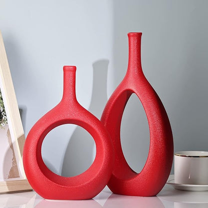 Red Ceramic Vase Set 2,Modern Hollow Circle with Hole Flower Vase for Home Decor,for Table Centerpieces,Farmhouse,Fire Place,Living Room,Bedroom,Office,Bookshelf,Rustic Decor