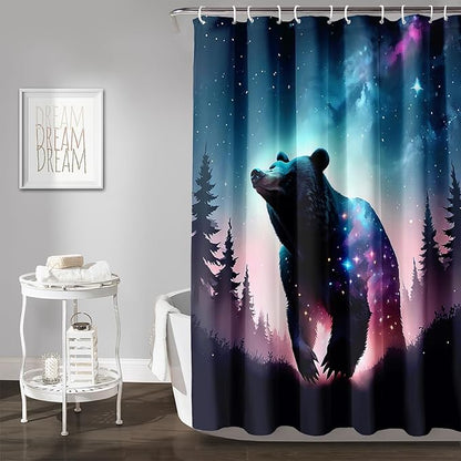 AILONEN 3D Bear Shower Curtain for Bathroom,Evening Starry Black Bear Printed Bath Curtain,Forest Wildlife Decoration Shower Curtain Waterproof 36" W*72" H