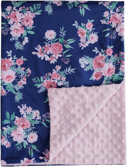 Minky Baby Blanket for Girls, Soft Lightweight Micro Fleece Blanket with Double Layer, Dotted Backing, Breathable Receiving Blanket for Newborns, 30x40 Inches, Navy Floral