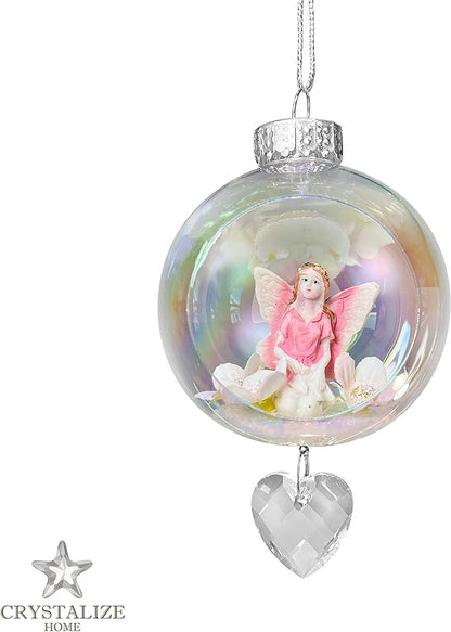 Pink Fairy Christmas Ornament - Handmade Shatterproof Decorations for Indoor Outdoor Xmas Tree - Clear Ball Ornaments with Magnetic Crystal - Great Gift or Stocking Stuffer for Mom, Sister, Friend