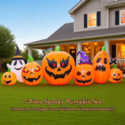 9FT Halloween Inflatable Pumpkin Decorations with Ghost, Black Cat & Built-in LEDs - Blow Up Outdoor Yard Decor for Lawn, Garden, Porch