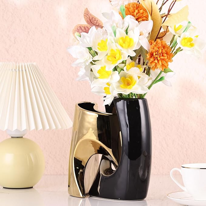 Black Gold Ceramic Vases Set of 2,Modern Vase for Nordic Minimalist Book Style Shelf Decor, Hollow Round Pampas Flower Vases for Boho Home Wedding Party Room Dinner Table Shelf Decor
