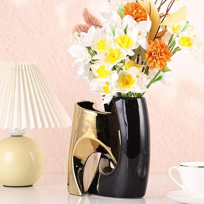 Black Gold Ceramic Vases Set of 2,Modern Vase for Nordic Minimalist Book Style Shelf Decor, Hollow Round Pampas Flower Vases for Boho Home Wedding Party Room Dinner Table Shelf Decor