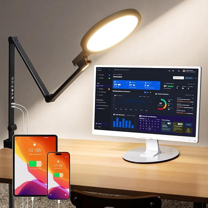 1200LM Desk Lamp with Clamp, Eye Care Desk Lights for Home Office with USB Charging Ports, Flexible Ring Light with Swing Arm for Video Conference Zoom Streaming