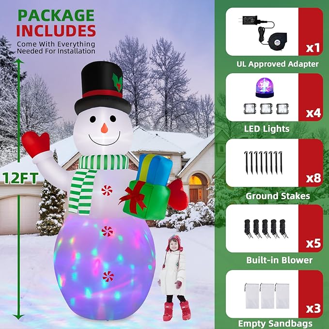 12FT Christmas Inflatables Snowman Outdoor Decorations, Giant Christmas Blow Up Snowman Inflatable Christmas Decorations with Rotating Colorful LED Light for Holiday Party Garden Yard Decor