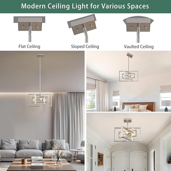 Modern Brushed Nickel Chandelier 3-Light Geometric Ceiling Light Fixture 16" Adjustable Height Pendant for Foyer, Entryway, Dining Room