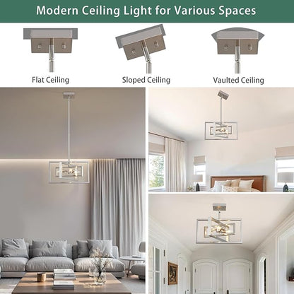 Modern Brushed Nickel Chandelier 3-Light Geometric Ceiling Light Fixture 16" Adjustable Height Pendant for Foyer, Entryway, Dining Room