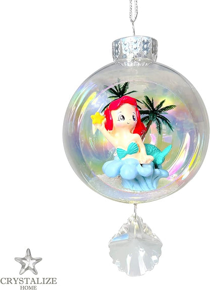 Mermaid Red Christmas Ornament - Handmade Shatterproof Decorations for Indoor Outdoor Xmas Tree - Clear Ball Ornaments with Magnetic Crystal - Great Gift or Stocking Stuffer for Mom, Sister, Friend