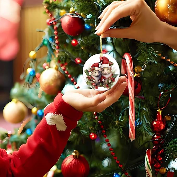 Cute Mouse Ornament Round Ceramic Ornament Xmas Keepsake for Christmas Tree Winter Holiday Xmas Gift for Women Men Xmas Hanging Ornament 3"