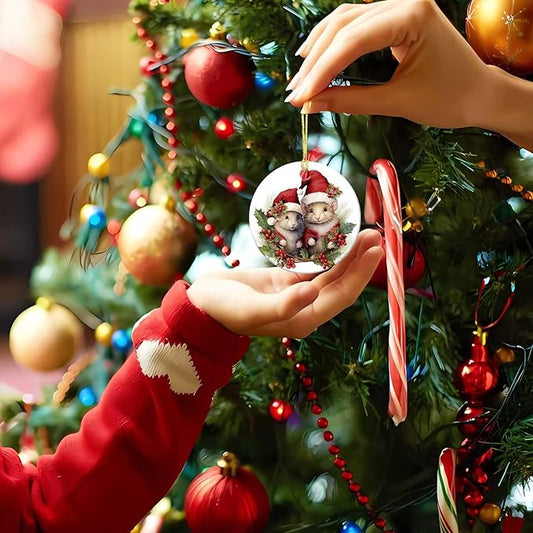 Cute Mouse Ornament Round Ceramic Ornament Xmas Keepsake for Christmas Tree Winter Holiday Xmas Gift for Women Men Xmas Hanging Ornament 3"