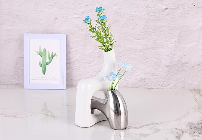 Intertwining Vase Set Snuggle Hollow Ceramic Vase Set of 2 White and Silver Vase Modern Boho Home Decor for Neutral Minimalist Vase for Dining Room Table Centerpiece Dining Room,Wedding Table Deco