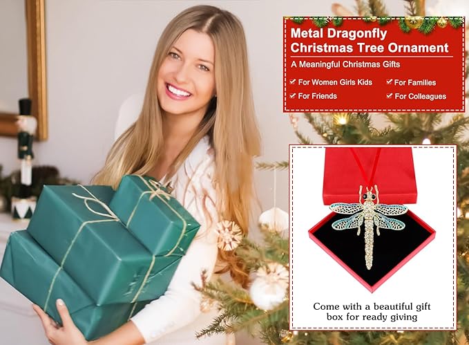 WhatSign Dragonfly Ornaments for Christmas Tree - Metal Light Blue Ornament Christmas Party Decorations Keepsake Gifts for Women Girls