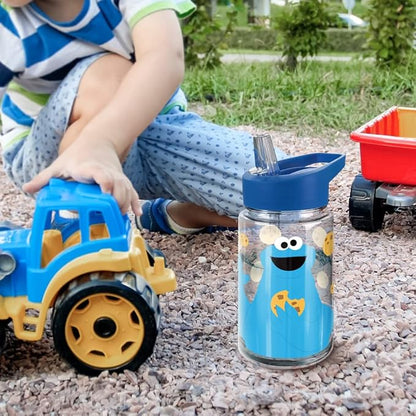 LOGOVISION Sesame Street Kids Tritan Plastic Water Bottle with Straw Lid and Handle, Reusable Tumbler for Toddlers, Unisex for Girls and Boys, 12oz, Big Cookie Monster