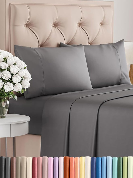 CGK Linens Twin XL 4 Piece Sheet Set - Cooling Sheets for Hot Sleepers - Hotel Luxury Bedding Set w/ 8-16 Inch Deep Pockets - 1 Flat & 1 Fitted & 2 Pillowcases - Soft, Comfy & Wrinkle Free - Dark Grey