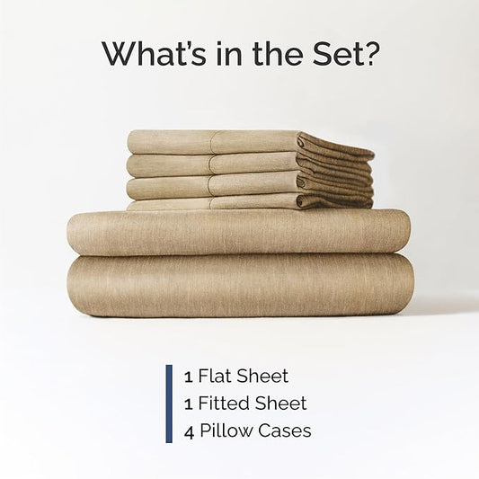 CGK Linens Queen 6 Piece Sheet Set - Cooling Sheets for Hot Sleepers - Hotel Luxury Bedding Set with 8-16 Inch Deep Pockets - 1 Flat & 1 Fitted & 4 Pillowcases - Soft & Wrinkle Free - Heathered Tan