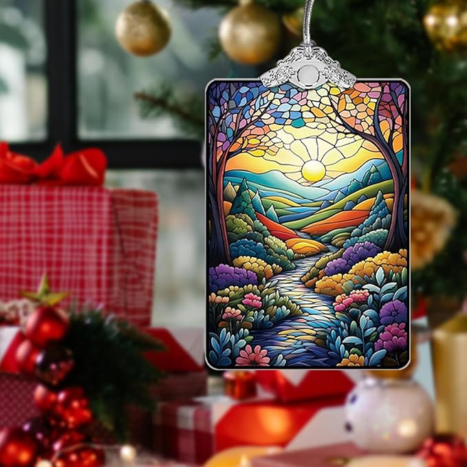 Colorful Mountain Path Landscape Stained Glass Ornament, 2025 Christmas Tree Hanging Decoration for Gift Exchange or Stocking Stuffer, Nature Holiday Decor, 3.8 x 2.4 Inch