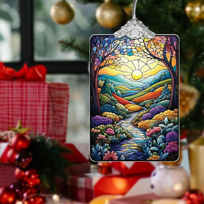 Colorful Mountain Path Landscape Stained Glass Ornament, 2025 Christmas Tree Hanging Decoration for Gift Exchange or Stocking Stuffer, Nature Holiday Decor, 3.8 x 2.4 Inch