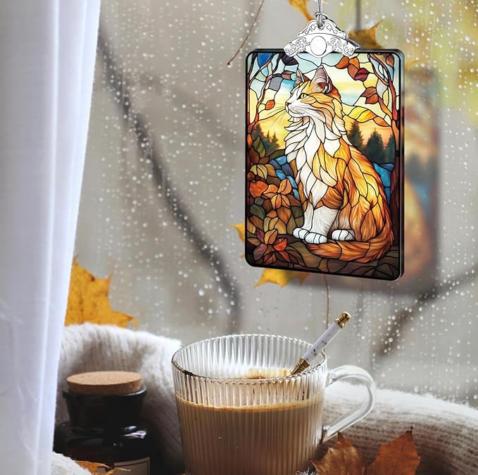 Orange Cat Stained Glass 2025 Christmas Ornament, Autumn Sunset-Inspired Christmas Tree Hanging Decoration for Pet Lovers, or Stocking Stuffer, 3.8 x 2.4 Inch