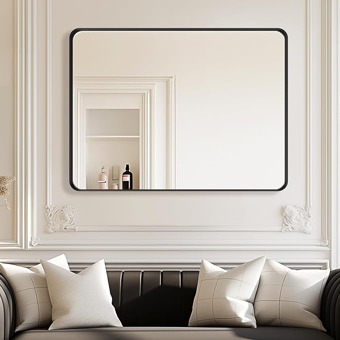 USHOWER Black Large Bathroom Mirror, 40 × 30 Inch Rectangle Mirror for Bedroom, Bathroom, Dining Room, Entryway, Wall Mounted & Metal Frame, Tempered Glass, Hangs Horizontally or Vertically