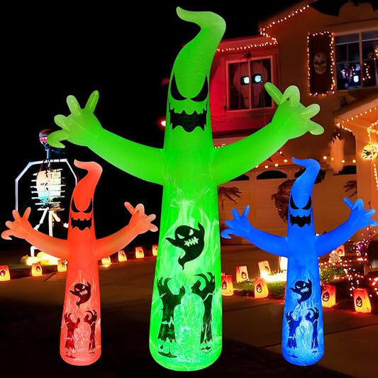 12 FT Halloween Inflatable Ghost with Color-Changing Fire LED Lights – Spooky Outdoor Yard Decoration for Halloween, Inflatable Ghost Decor for Garden & Party