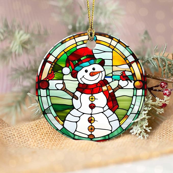 Snowman Cardinal Ornament Round Ceramic Colorful Glass Style Ornament Xmas Keepsake for Christmas Tree Winter Holiday Xmas Gift for Women Men Xmas Hanging Ornament 3"